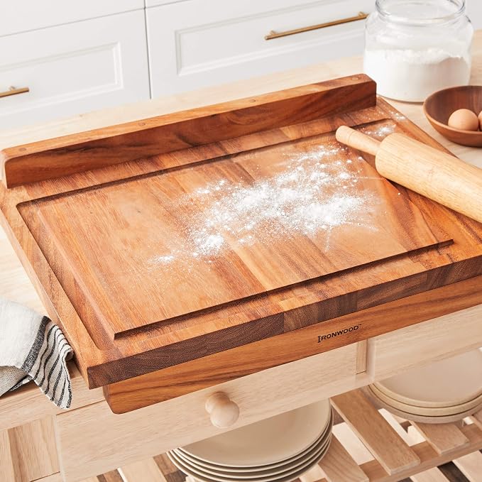 Ironwood Gourmet Double-Sided Countertop Lyon Pastry/Cutting Board With Gravy Groove, Acacia Wood 17.25 x 24 x 1.25 inches | Extra Large Wood Cutting Board With Juice Groove | Countertop Lip Keeps The Board In Place | Easily Knead Dough & Carve Meat
