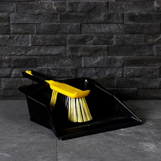 CHARLES BENTLEY Bulldozer Heavy Duty Dustpan and Brush Set with Stiff, Soft PVC Bristles, Serrated Edges, Front Scraper, Rubber Lip, Suitable for Garden and Indoor Use, Black and Yellow (44x28.5cm)