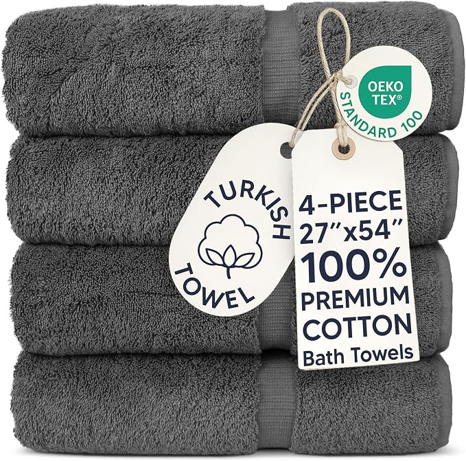 Chakir Turkish Linens 4 Piece Large Bath Towels, 100% Cotton Turkish Towels for Bathroom, Luxury Soft Absorbent Bath Towel Set, 27 x 54 Inches, Dark Gray