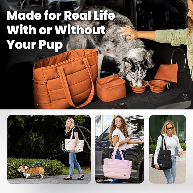 Rubyloo Mini Lint Roller Bundle Travel Size Pet Hair Remover with Retractable Cover & Black Puffer Tote Bag with Bowls Food Storage for Dog Mom Essentials Gift Set