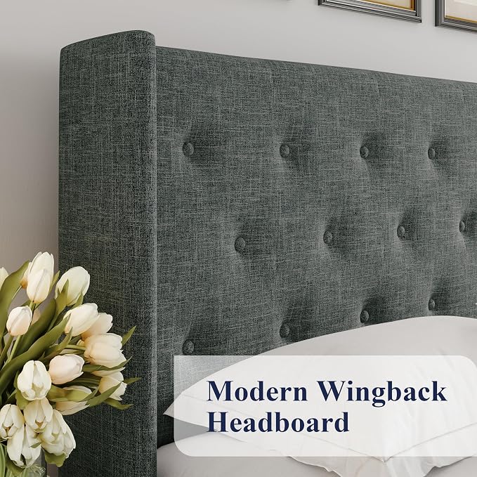 Allewie Full Size Lift Up Storage Button-Tufted Bed Frame Dark Grey | Modern Wingback Headboard, Hydraulic Support Storage, No Box Spring Needed