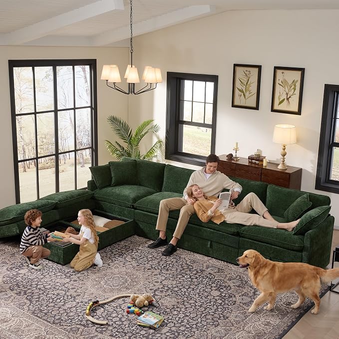 Ihanherry 135” Modular Sectional Sofa with Storage, U Shaped Cloud Couch with Movable Ottomans & 4 Pillows, Chenille Deep Seat Sectional Couches for Living Room, Apartment (Green)