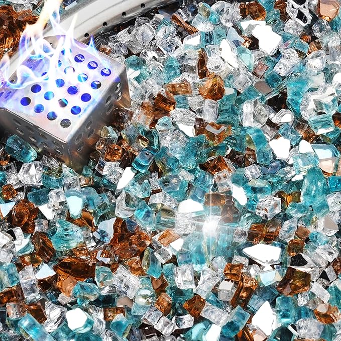 NUPICK 10 Pound Fire Glass, 1/4 Inch Reflective Fire Pit Glass | Fire Pit Rocks for Propane or Natural Gas, Glass Rocks for Fire Pit Table, Fireplace, Aqua Blue & Copper & Platinum Mix