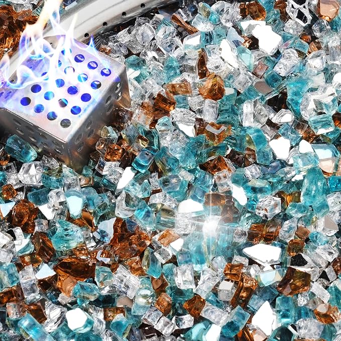 NUPICK 5 Pound Fire Glass, 1/4 Inch Reflective Fire Pit Glass | Fire Pit Rocks for Propane or Natural Gas, Glass Rocks for Fire Pit Table, Fireplace, Aqua Blue & Copper & Platinum Mix