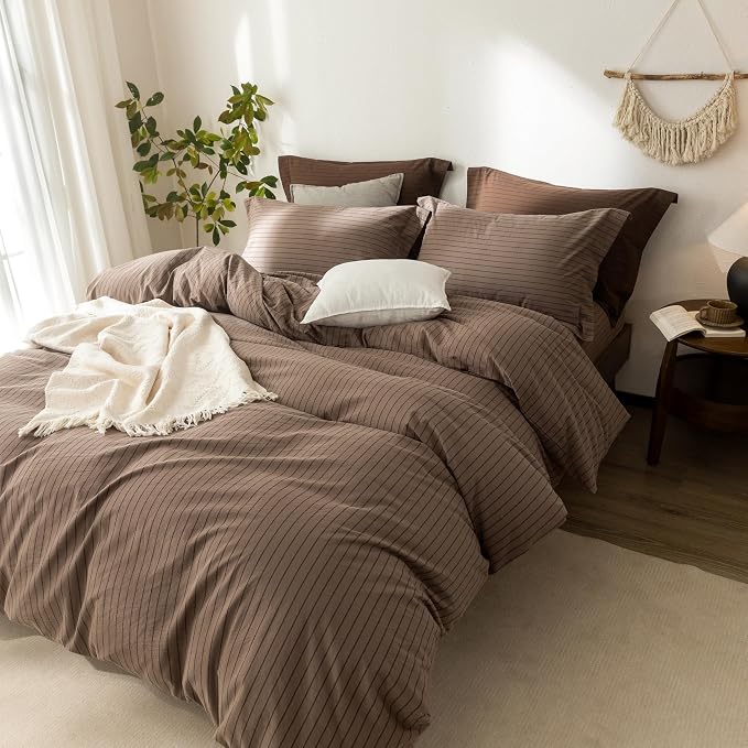 Stripe Duvet Cover King Size 104inch x 90inch,100% Washed Cotton Pinstripe Duvet Cover with Zipper Closure and 2 Pillowcases, Color of Light Brown-Black Stripe