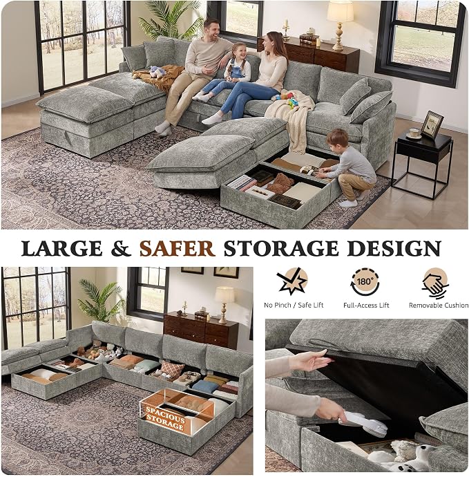 Ihanherry 135” Oversized Sectional Sofa Bed with Storage, 8-Seater Modular Cloud Couch with Movable Ottomans, Chenille Deep Seat Sleeper Couches for Living Room (Grey)