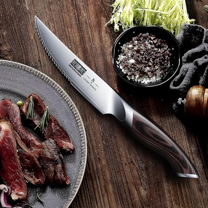 HOSHANHO Steak Knives Set of 6, Ultra Sharp 4.5 In Serrated Steak Knife Set | Japanese High Carbon Stainless Steel Kitchen Steak Knives with Ergonomic Pakkawood Handle, Ideal Gifts