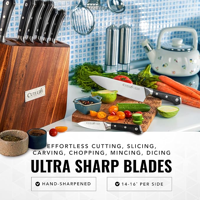 Cutluxe Kitchen Knife Set, 8-Piece Chef Knives with Acacia Wood Block | Razor Sharp Full Tang Blades, High Carbon German Steel – Artisan Series, Professional