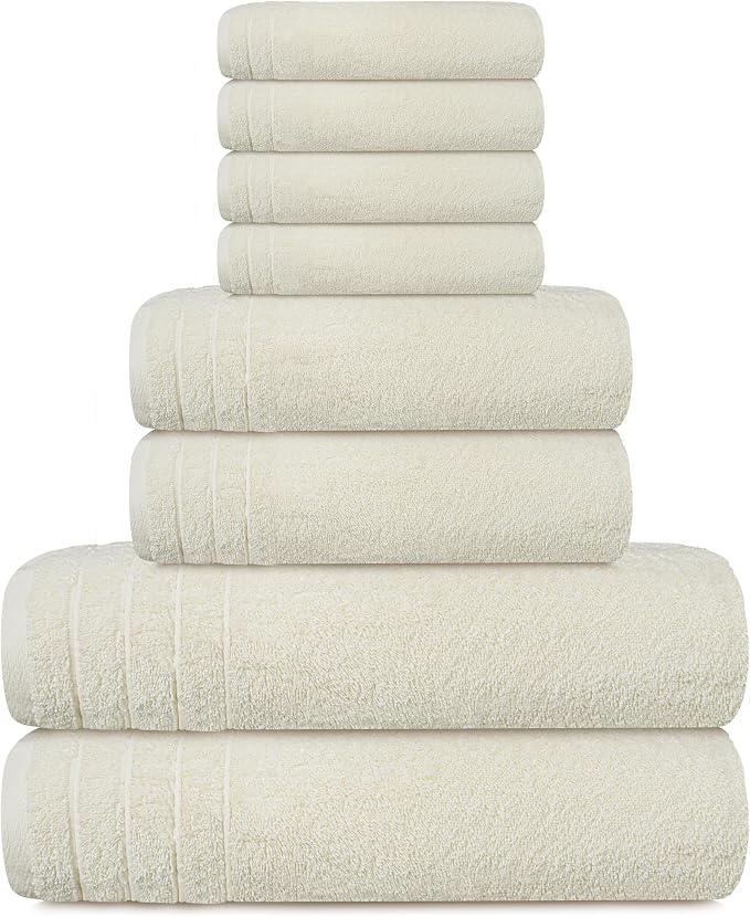 Tens Towels 8 Piece Towel Set, 2 XL Bath, 2 Hand, 4 Washcloth, Cream | 100% Cotton, Lighter Weight, Quicker to Dry, Super Absorbent, Perfect for Bathroom