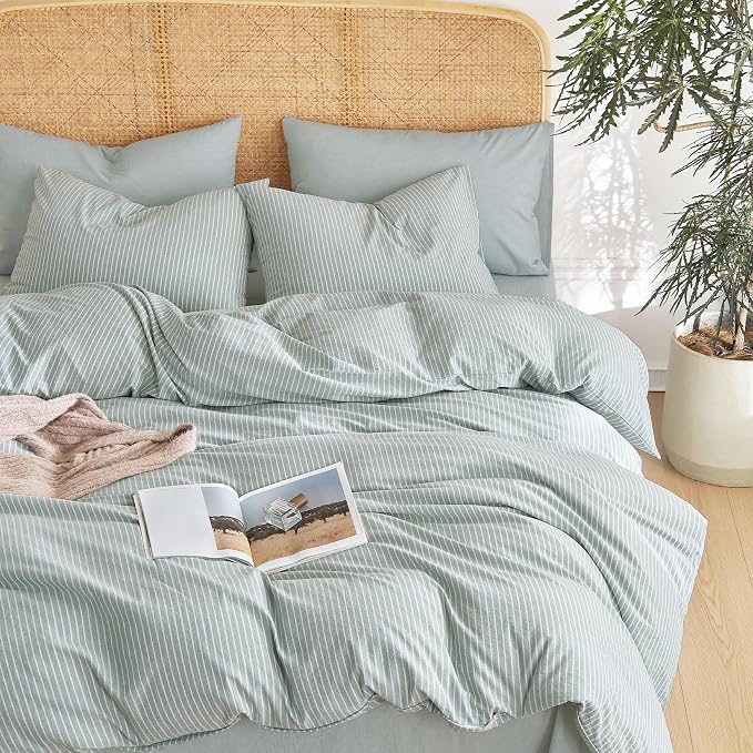 Wake In Cloud - Striped Cotton Duvet Cover Set, 100% Washed Cotton Textured Bedding Set, Ticking Stripe Pinstripe Farmhouse, 3 Pieces, Greyish Blue, King Size