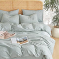 Wake In Cloud - Striped Cotton Duvet Cover Set, 100% Washed Cotton Textured Bedding Set, Ticking Stripe Pinstripe Farmhouse, 3 Pieces, Greyish Blue, King Size