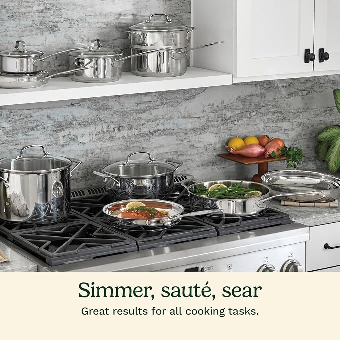Cuisinart 17-Piece Stainless Steel Cookware Set, Chef's Classic Steel Collection with Pure Aluminum Core for Quick and Even Heat, Cool Grip Handles, Dishwasher Safe, 77-17N | Dishwasher-safe stainless steel pans and pots with riveted handles & aluminum...