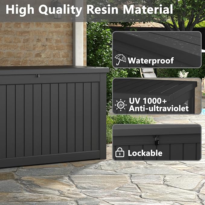 280 Gallon Outdoor Storage Box, Resin Deck Boxes Indoor and outdoor, Waterproof Storage Box Lockable Lid for Garden Tools, Package Delivery, Patio Cushions, Black