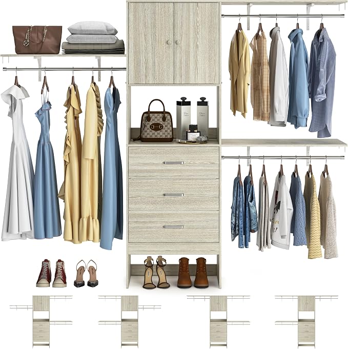 Armocity 96 Inches Closet System with Doors, 8FT Walk In Closet Organizer with 2 Shelving Towers, Heavy Duty Clothes Garment Rack with 3 Wood Drawers, 96"L x 16"W x 80"H, Max Load 1000 LBS, White Oak