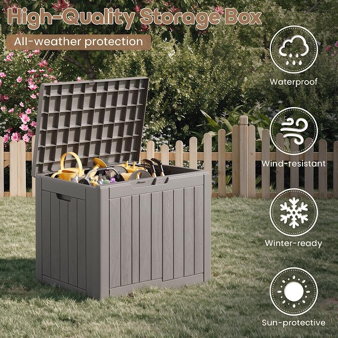 NUNU LAB 35 Gal Outdoor Storage Box Waterproof Lockable,Deck Box,Grey | Waterproof Outdoor Storage Box, Lockable Lid Deck Box for Package Delivery, Backyard Bin for Garden Tools, Patio Cushion