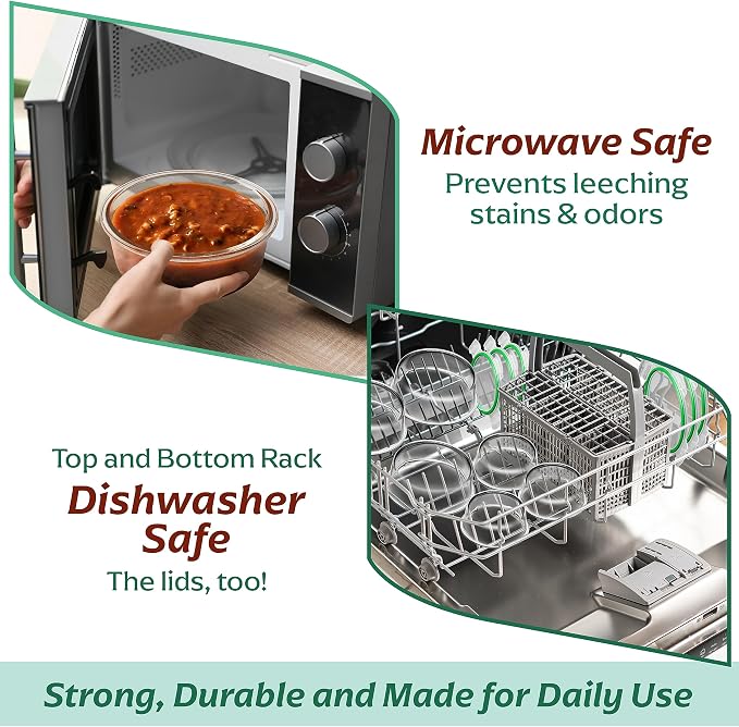 Round Glass Food Containers - 6 Pack, Microwave Safe | Borosilicate Round Bowls, 3x970 ml & 3x390 ml, Airtight Leakproof Lids, Oven Freezer Dishwasher Compatible