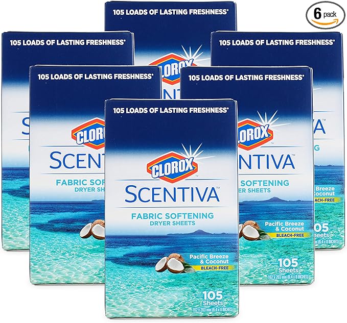 Clorox Scentiva Fabric Softening Dryer Sheets, 105 Sheets per Pack, Pacific Breeze & Coconut Scent | Bleach-Free Fabric Softener Sheets for Static Control and Reduce Wrinkles (6 Pack)