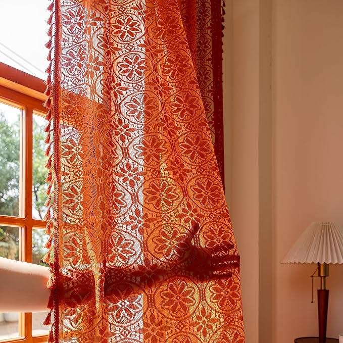 Sutuo Home Boho Floral Lace Curtains for Living Room Home Office, Semi Sheer Orange Curtains Farmhouse Privacy Crochet Vintage Victorian Tassels Rod Pocket Easter Decor, 2 Panels 50" x 96" Terracotta