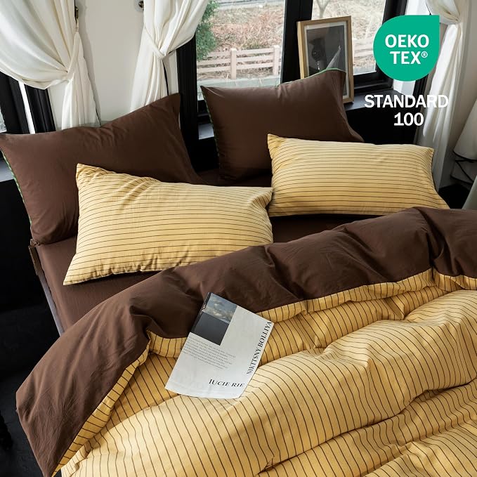Reversible Duvet Cover Set 100% Washed Cotton Yellow Stripe Linen Feel Duvet Cover Queen Size with Zipper Closure & 2 Pillow Shams, Yellow/Brown Stripe Reverse Solid Brown