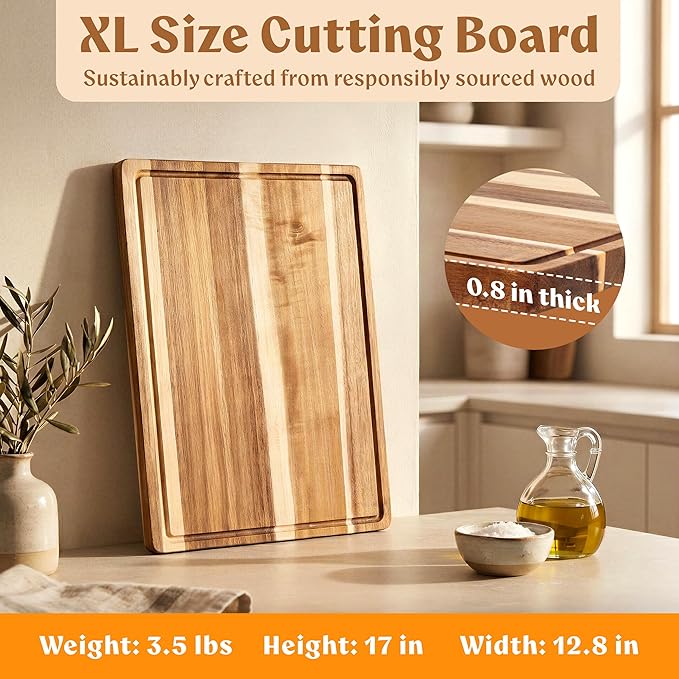 Extra Large Acacia Wood Cutting Board 17x13, Juice Groove | FSC-certified wooden chopping board; knife-friendly, large kitchen boards for meat, cheese, charcuterie & serving