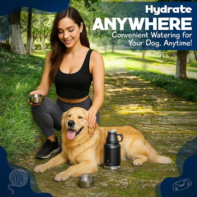 Portable Dog Water Bottle with 2 Removable Water Bowls for Dogs – Leak-Proof Insulated Stainless Steel Dog Water Bottle - Travel Accessories for Dogs - 32oz - Black