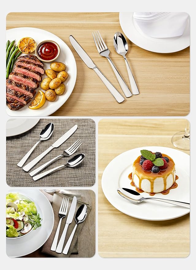 45-Piece Flatware Sets, Silverware Set for 8, Durable Stainless Steel Tableware in Ergonomic Design Size and Weight, Kitchen Utensils Set with Steak Knives, Rust-proof, Dishwasher Safe