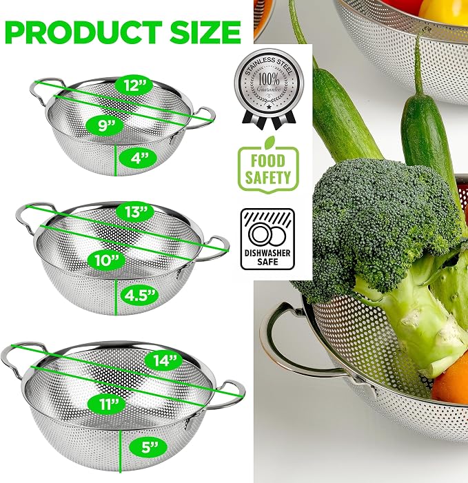 Premium 18/8 304 Stainless Steel Set of 3 – Micro-Perforated Strainers with Handles, Self-Draining Base for Pasta Vegetables Fruit, Heavy Duty (4, 6, 8 Qt) Made in Korea
