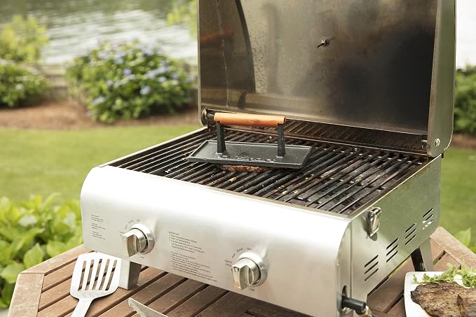 Lodge LPGI3 Cast Iron Reversible Grill/Griddle, 20-inch x 10.44-inch, Black & Cuisinart CGPR-221 Cast Iron Grill Press (Wood Handle), Weighs 2.1-pounds