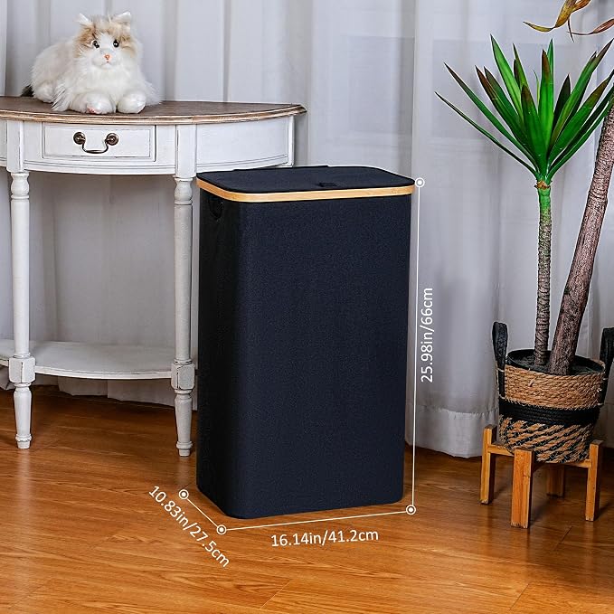 iEGrow 75L Slim Laundry Hamper, Narrow Laundry Basket with Lid,Foldable Clothes Hamper with Bamboo Handles,Hamper Basket with Removable Inner Bag for Laundry Room Bedroom College Dorm,19.8 Gals Black