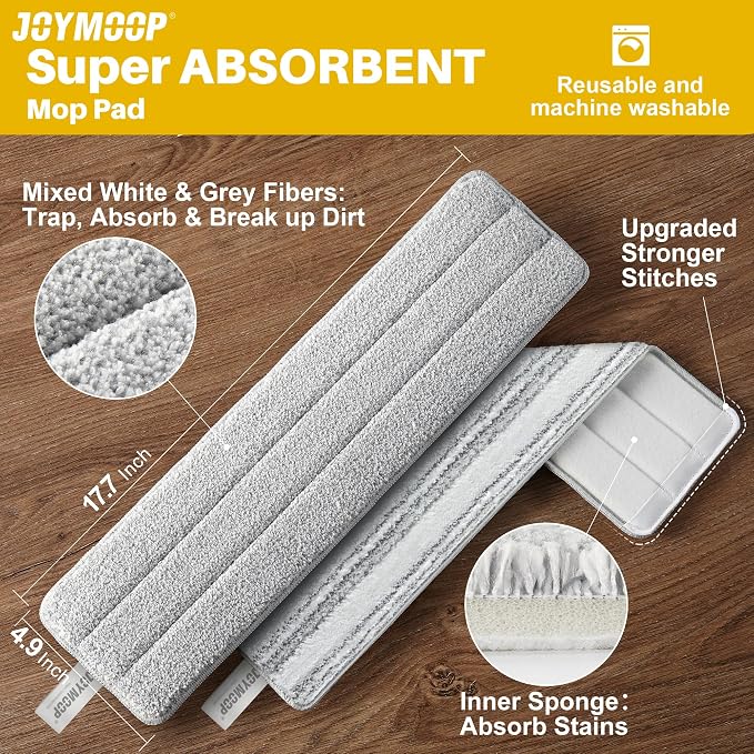JOYMOOP 17.7-Inch Microfiber Mop Replacement Pads, Washable Reusable Grey & Stripe Refills, Pack of 2, Wet & Dry Cleaning Pads Compatible with Flat Mop Bucket System
