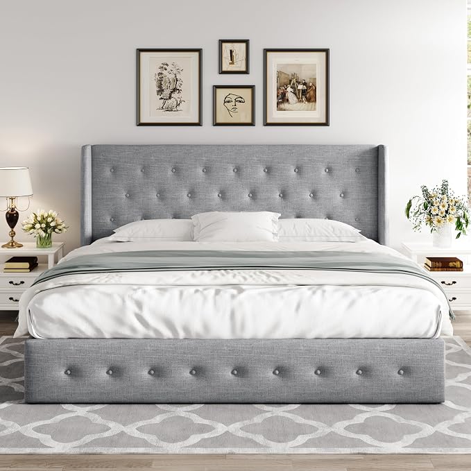 Allewie King Size Lift Up Storage Button-Tufted Bed Frame Light Grey | Modern Wingback Headboard, Hydraulic Support Storage, No Box Spring Needed