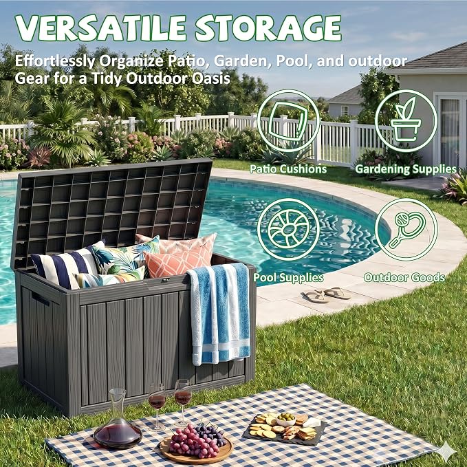 DRATO 55 Gallon Outdoor Storage Box Waterproof, Lockable Resin Deck Boxes | Weatherproof Patio Furniture, UV-Resistant Pool Supplies & Garden Tools, Backyard, Porch, Easy Asembly, 300lbs, Black