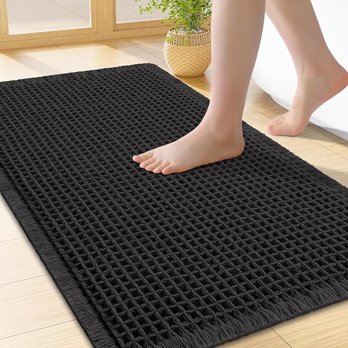 Smiry Waffle Bath Mat 24x16, Extra Soft Absorbent Bathroom Rugs, Non Slip Machine Washable Quick Dry Bath Rugs for Bathroom Floor, Tub, Shower, Home Decor Accessories, Black