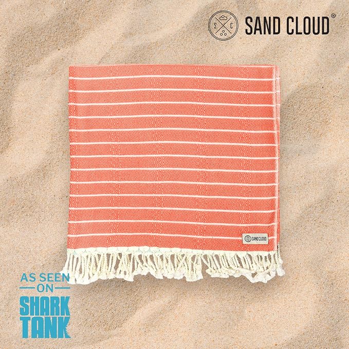 Sand Cloud Turkish Beach Towel - Sand Resistant & Quick Dry Towel | 100% Certified Organic Turkish Towel - Bath Towel or Beach Blanket for Picnic - As Seen on Shark Tank - Gocek (Coral)