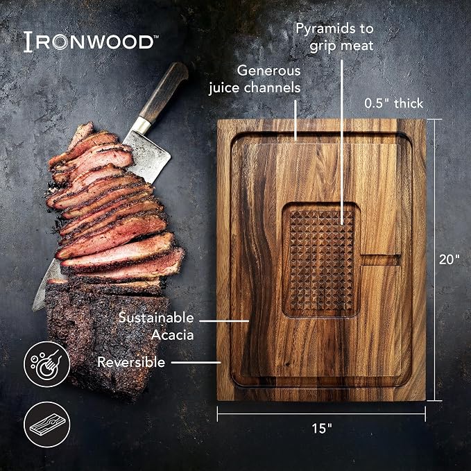 Ironwood Gourmet Hudson Carving Board, 15" x 20" Acacia Wood Cutting Board with Grip Pad and Juice Well