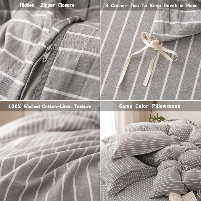 Stripe Duvet Cover King Size 104inch x 90inch, 100% Washed Cotton Linen Feel Duvet Cover, Pinstripe Duvet Cover with Zipper Closure and 2 Pillowcases, Color of Grey and White Stripe