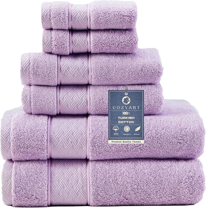 COZYART Bath Towel Set 6 PCS, Luxury Lavender 100% Turkish Cotton 650GSM | Soft Absorbent Quick Dry, OEKO‑Tex 100 Cert. Zero Twist Ring Spun Cotton, Plush Fluffy, Breathable Hotel Quality Towels Set