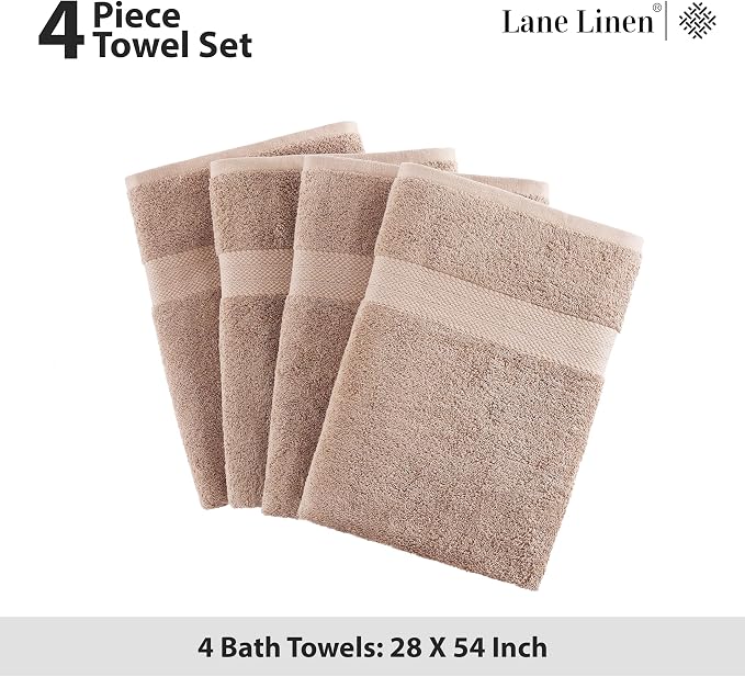 LANE LINEN Bath Towel Set 100% Cotton 4 Piece Soft Absorbent - Taupe | Cotton Bath Towels - Densely Woven, Coordinated Colors, Dobby Border Accent, OEKO-TEX Certified, Ring-Spun Durability