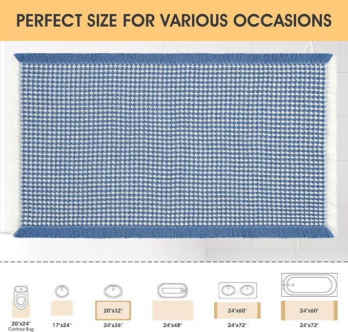 IM HOME Waffle Bath Mat Blue & Cream 36"x24", Boho Woven Modern Bath Mat Rugs, Absorbent Non Slip Bathroom Rugs, Soft Washable Bath Rugs with Tassels for Bathroom, Bedroom, Kitchen, Shower, Tub