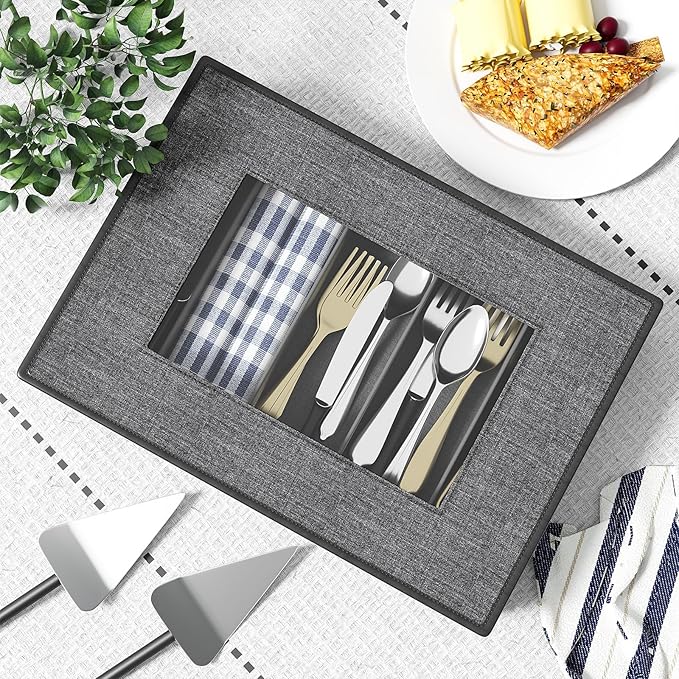 2-Pack Flatware Storage Box, Silverware Organizer with Clear Lid, Grey | Utensil Storage Case with Adjustable Dividers, Quilted, Stackable, Dual Zippers, Reinforced Handles for Moving and Storage
