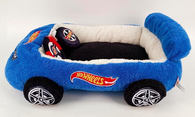 Megatoys Hot Wheels Plush Car Pet Bed – Themed Blue Car Design for Dogs and Cats with Toy Steering Wheel and Tire