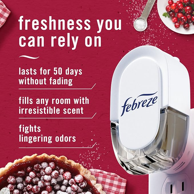 Febreze Plug-In Air Freshener, Odor-Fighting Scented Oil Refill for Home, Bathroom & Kitchen, Holiday Cranberry Crumble Scent, 0.87 oz Refills, 4 Count