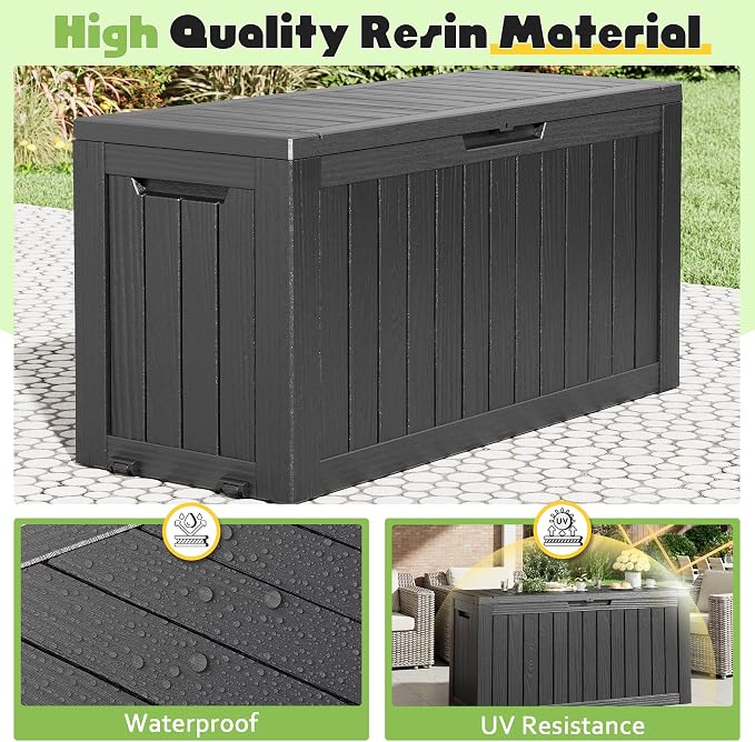 Deck Box, 82 Gallon Resin Indoor and Outdoor Storage Box Waterproof for Garden Tools, Pool Accessories Storage Bench, Patio Furniture and Cushions with Lockable Lid, Black