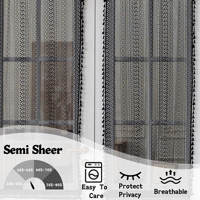 Sutuo Home French Door Curtains for Doorway Glass & Sidelights, Farmhouse Semi Sheer Bohemian Tassels Vintage Chic Privacy Cottagecore Drapes for Door Window, Rod Pocket 2 Panels 25" W x 72" L Black