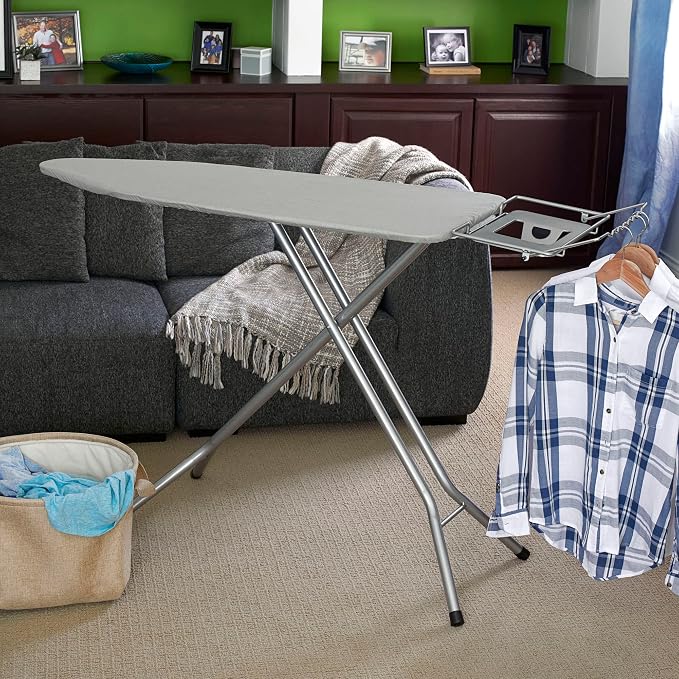 Household Essentials Wide Top Ironing Board with 4‑Leg Steel Frame, Fixed Iron Rest, Silicone‑Coated Cotton Cover, Grey