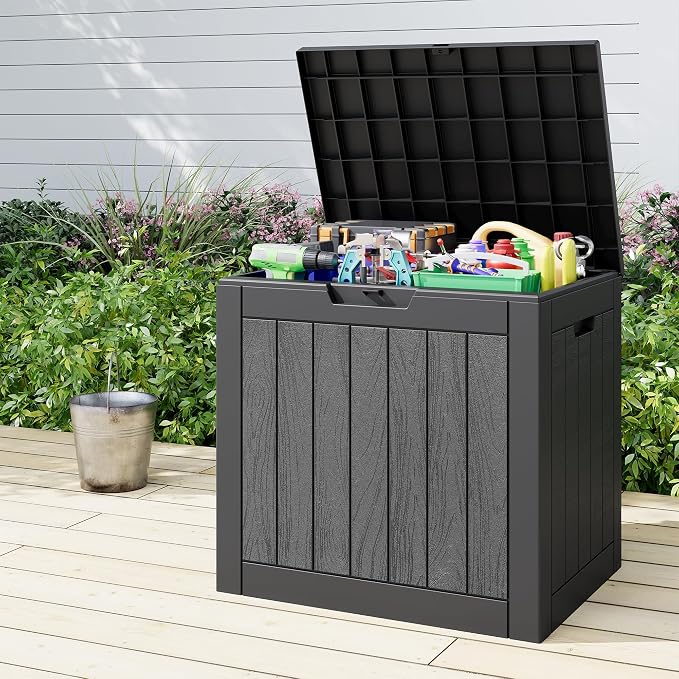 Deck Box, 35 Gallon Resin Indoor and Outdoor Storage Boxes Waterproof for Garden Tools, Patio Accessories Storage Bench, Patio Furniture and Cushions with Lockable Lid, Black