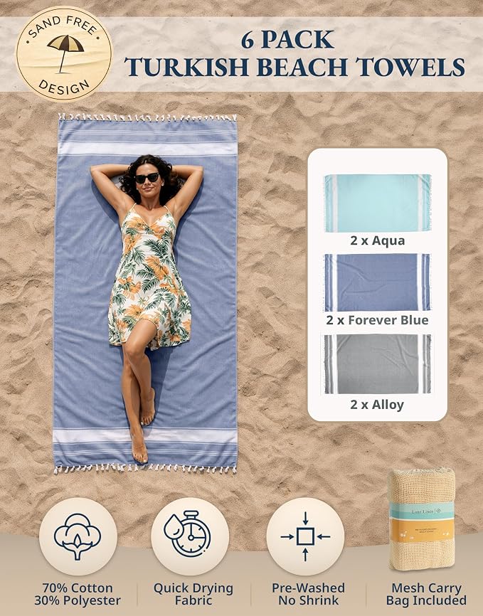LANE LINEN Pool Towels, Super Absorbent, Lightweight, Soft - Tropical Color | Turkish Beach Towels Oversized 6 Pcs - Pre-Washed, No Shrink - Quick Dry Travel Towel - 39"x71", Vacation Essential, Durable