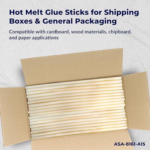 ASA Full Size Hot Glue Sticks 7/16" x 15", 25 lb Box, 375 Ct | High-strength, fast-setting hot glue sticks for industrial packaging and woodworking. 25 lb bulk box, 375 sticks.