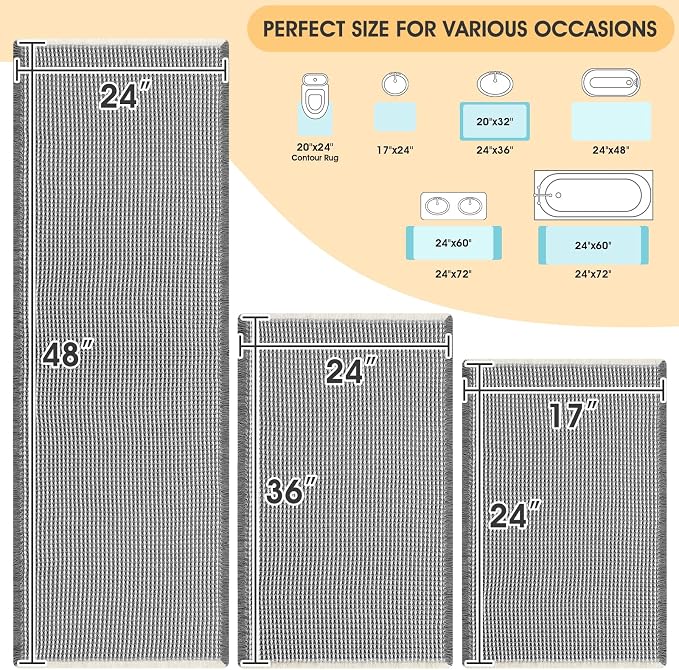 IM HOME Waffle Bath Mat Set 3 Piece Darkgrey & Cream,Woven Modern Bath Rug Mats, Absorbent Non Slip Bath Floor Mat, Soft Washable Boho Bath Rugs with Tassels for Bathroom, Bedroom, Kitchen, Tub