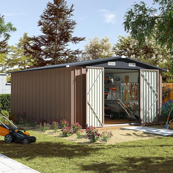 Aoxun 10 x 12FT Outdoor Storage Shed with Double Hinged Large Door, Brown | Utility Garden Shed with Lockable Door & Sloped Roof Metal Sheds Outdoor Storage for Garden, Backyard, Patio and Backyard